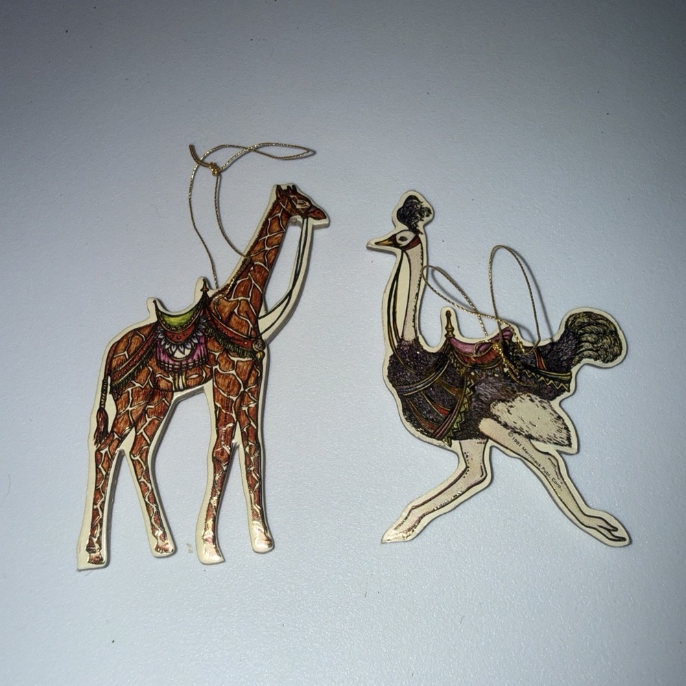 2 Vintage Merrimack 1984 Carousel Animal Christmas Ornament Gift Tags